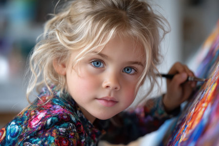 A young child focuses intently while painting on a canvas in a bright and inviting studio space.の素材