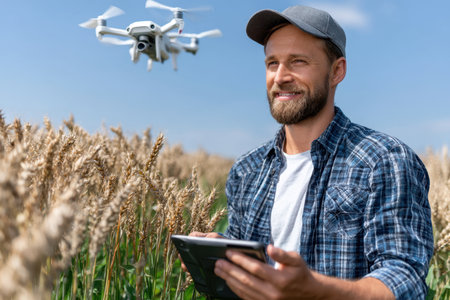 A farmer controls a drone from a tablet while surveying a vast wheat field under clear blue skies.の素材