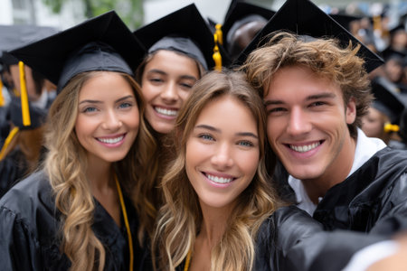 Friends pose together joyfully in graduation gowns after a successful ceremony outdoors at university.の素材