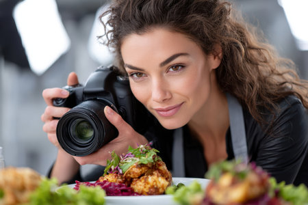 A woman with curly hair takes a close-up photograph of a beautifully arranged gourmet dish.の素材