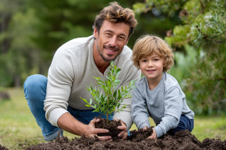A man and a boy are joyfully planting a young tree in a lush garden, enjoying their time outdoors.の素材