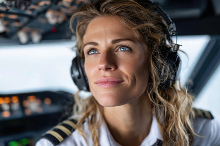 Female pilot wears headphones and looks confidently ahead while navigating an aircraft in flight.の素材