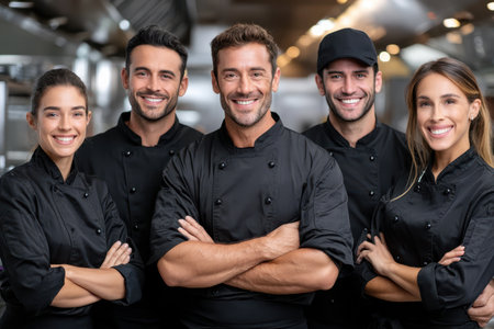 Five chefs stand together, showing teamwork and joy in a professional kitchen during a busy shift.の素材
