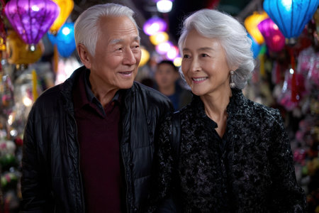 An elderly couple walks together in a lively market, surrounded by colorful lanterns and festive decorations.の素材