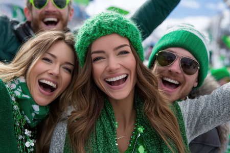 Friends wearing green attire enjoy a festive atmosphere, laughing and celebrating in a winter wonderland.の素材