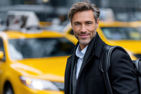 A smartly dressed man stands confidently on a busy street filled with yellow taxis, soaking up the vibrant vibe.の素材