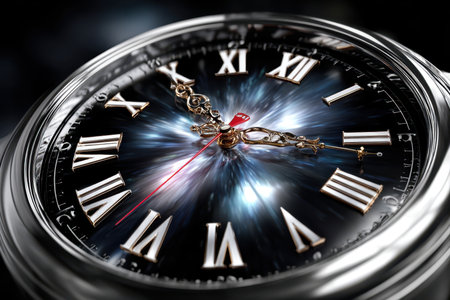 A close-up view of a luxury watch, highlighting the intricate dial with a cosmic background and elegant markers.の素材