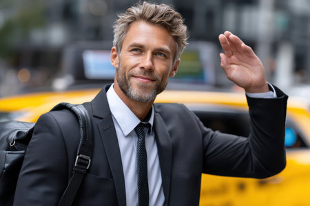 Professional man salutes while carrying a bag near a taxi in a bustling city environment.の素材