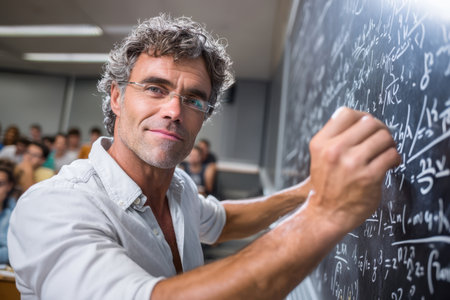 A professor passionately explains complex equations at a university, captivating students' attention significantly.の素材