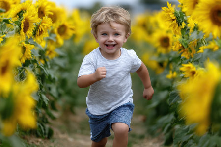 A cheerful young boy runs happily through a field of tall sunflowers on a bright sunny day.の素材