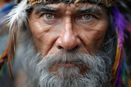Close-up of an elderly man with a deep gauze, wearing traditional attire decorated with feathers in nature.の素材