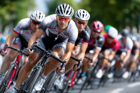 Groups of cyclists compete fiercely on a sunlit road, showing their speed and skill during the race.の素材