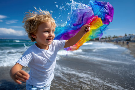 A joyful child runs along the beach, waving a vibrant piece of fabric, as waves crash nearby.の素材