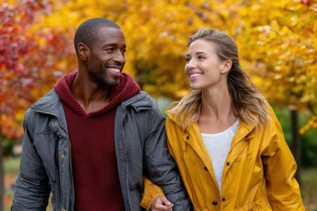 A couple smiles at each other while walking hand in hand through a park filled with colorful autumn leaves.の素材