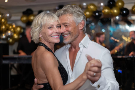 A couple shares a romantic dance together at a vibrant celebration, surrounded by colorful decorations and music.の素材