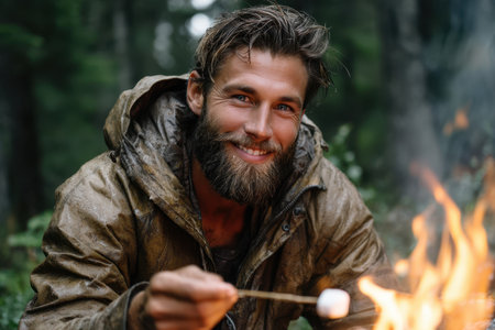 A man sits by a campfire in the woods, roasting a marshmallow while smiling broadly amidst nature.の素材
