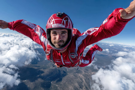 A skydiver in a red suit glides gracefully through the sky, surrounded by fluffy clouds under bright sunlight.の素材