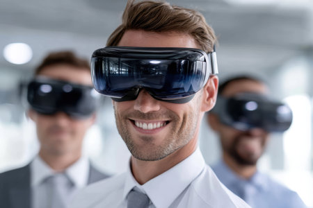 Group of business professionals smiles while testing virtual reality equipment in a modern office.の素材
