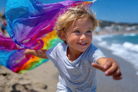 A young child eagerly runs along the shore, waving colorful fabric in the warm sun by the beach.の素材