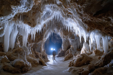 Adventurers traverse an enchanting cave adorned with striking ice stalactites and a faint blue glow from lanterns.の素材