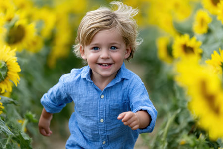 A cheerful young boy plays in a sunflower field, laughing and running among the tall flowers under a clear sky.の素材