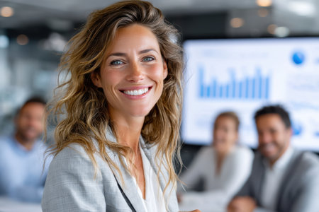 Woman with curly hair smiles in front of colleagues during a productive meeting in an office setting.の素材