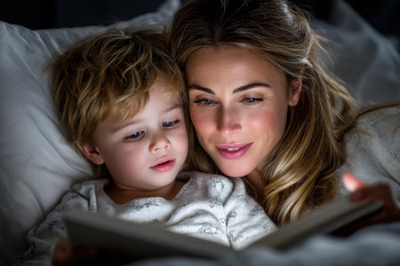 A mother sits next to her young child, reading a storybook in a dimly lit bedroom, creating a warm atmosphere.の素材