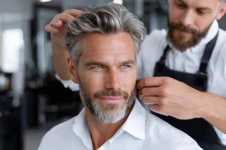 A man with gray hair enjoys a haircut while seated in a sleek barbershop, exuding confidence and relaxation.の素材