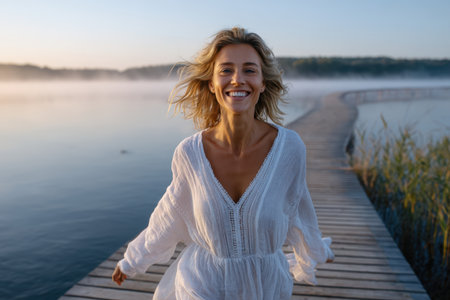 A woman in a white dress runs along a wooden pier at a peaceful lake, embracing the beauty of sunrise.の素材