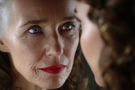 Two women engage in a deep, emotional moment, showing distinct facial features and expressions.の素材