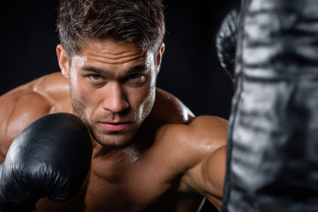 A muscular boxer delivers precise punches to a heavy bag, showcasing strength and concentration during training.の素材