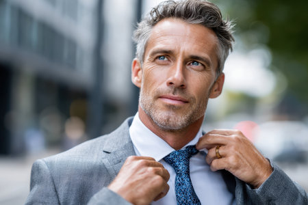 Businessman is adjusting his tie while standing outdoors in a city, surrounded by modern buildings and light traffic.の素材