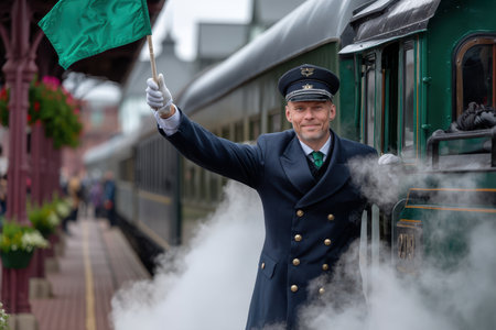 Conductor in uniform holds a green flag at the railway platform while steam rises from the train.の素材
