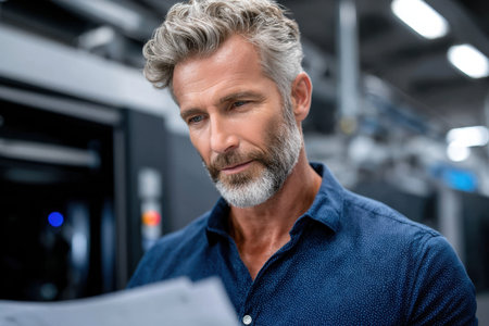 Focused man with silver hair reviews important documents in a contemporary office filled with machinery.の素材