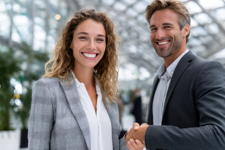Two professionals engage in a friendly handshake in a contemporary corporate environment.の素材