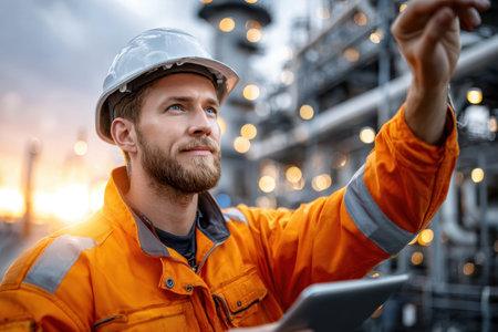 A man in an orange safety jacket inspects machinery with a tablet at dusk in an industrial setting.の素材