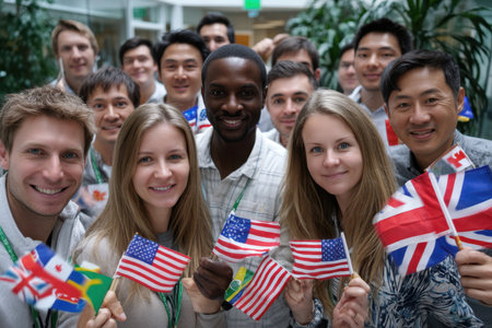A diverse group smiles in an office, holding national flags from various countries.の素材