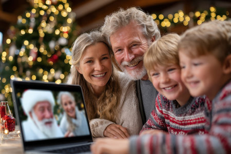 Family members enjoy a festive video call with Santa Claus during a joyful holiday celebration indoors.の素材