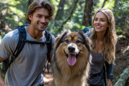 Two hikers smile and bond with their fluffy dog while exploring a vibrant forest trail under sunlight.の素材