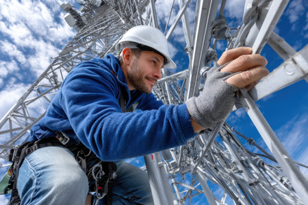 Construction workers climb a tall telecommunications tower, securely gripping the metal framework while focused.の素材