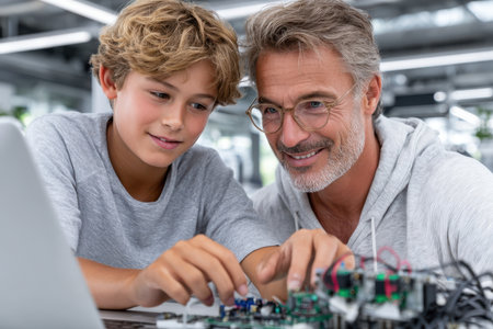 A grandfather and his grandson are collaborating on an electronic circuit project using a laptop in a workshop.の素材