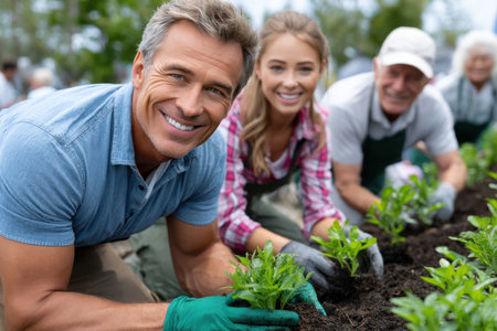 Volunteers happily plant flowers in the community garden, fostering teamwork and environmental care.の素材