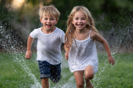 Two children run through shallow water, laughing and enjoying a sunny afternoon in the park together.の素材
