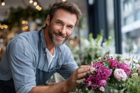A skilled florist carefully selects and arranges vibrant flowers in a well-lit flower shop.の素材