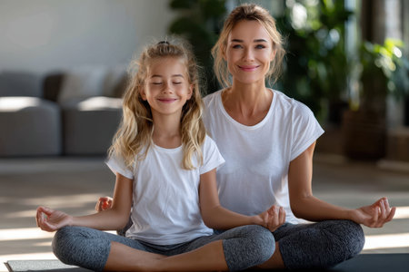A mother and her daughter sit cross-legged on yoga mats, practicing mindfulness and meditation in a bright room.の素材