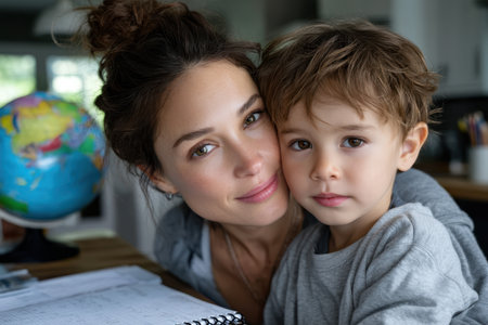 A mother embraces her young son with a smile as they engage in a study session at home.の素材