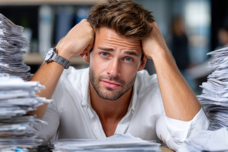 A man shows signs of stress while dealing with piles of paperwork in a busy office environment.の素材