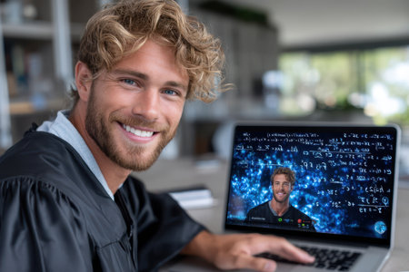 A young graduate is smiling as he attends a virtual class on his laptop in a bright home setting.の素材