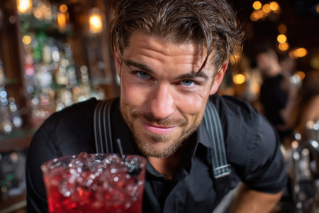 A skilled bartender presents a colorful drink while engaging with customers in a bustling nightlife setting.の素材