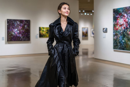 A confident woman dressed in a black trench coat strolls through an art exhibit, admiring vibrant paintings.の素材